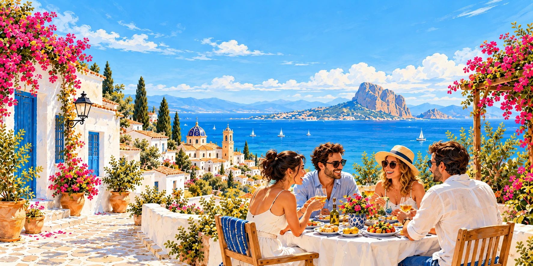Momentos compartidos en el Mediterráneo Ilustración de amigos compartiendo mesa en una terraza mediterránea, con casas blancas, flores y el Peñón de Ifach al fondo